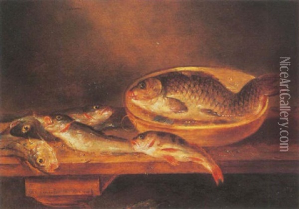 A Carp In A Copper Dish With Other Fish On A Table Oil Painting - Alexander Adriaenssen the Elder