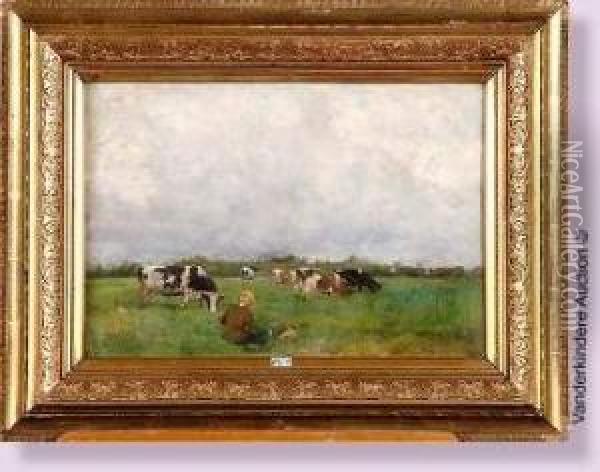 Le Petit Gardien Et Ses Vaches Au Pre Oil Painting - Florent Nicolas Crabeels