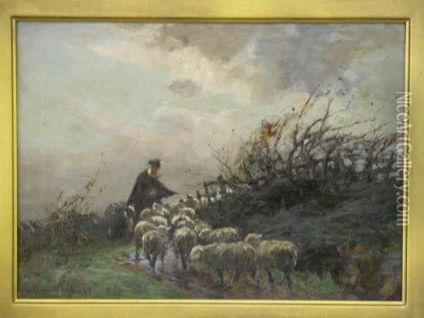 Shepherd And Flock Ona Storm Lashed Byeway Oil Painting - William Bradley Lamond