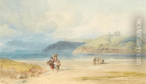 Figures On The Shore With A Castle In The Distance Oil Painting - John Henry Mole