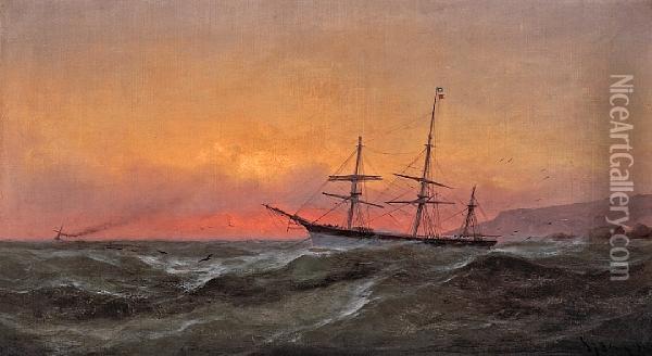 Ship Sailing At Sunset Oil Painting - Gideon Jacques Denny