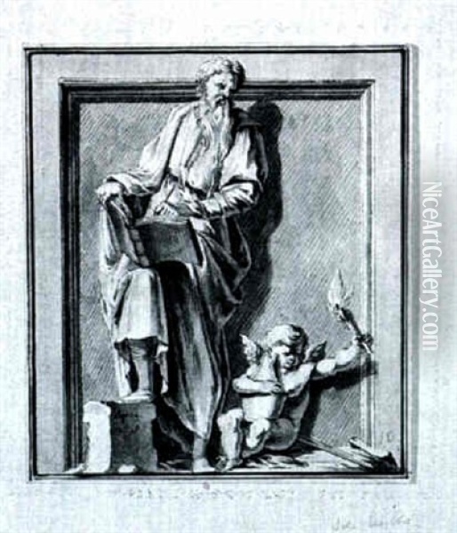 A Design For An Engraving: A Bishop Writing Accompanied By  A Putto Carrying A Firebrand, Within A Trompe L'oeuil Frame Oil Painting - Jan de Bisschop