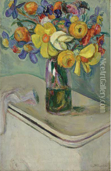 Flowers. Vase On A Hamper Oil Painting - Abraham Manievich