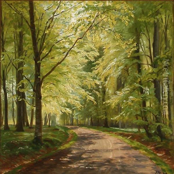 Summer Day At A Road In The Forest Oil Painting - Christian Zacho