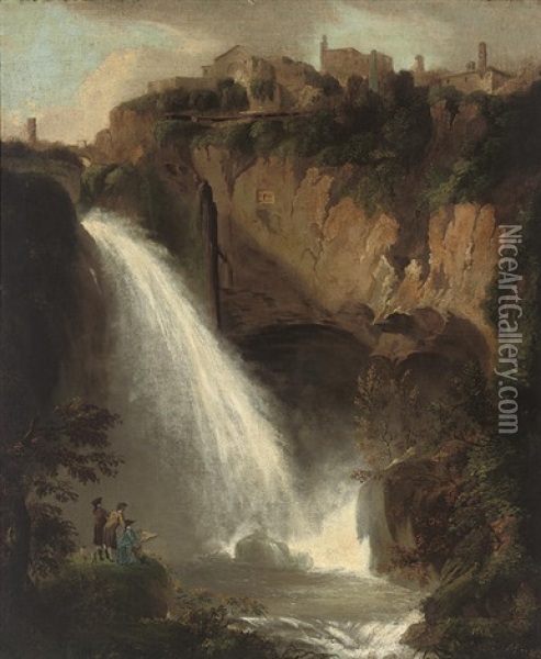 A Landscape With A Waterfall, Figures Sketching In The Foreground, A Town Above Oil Painting - Jacob More