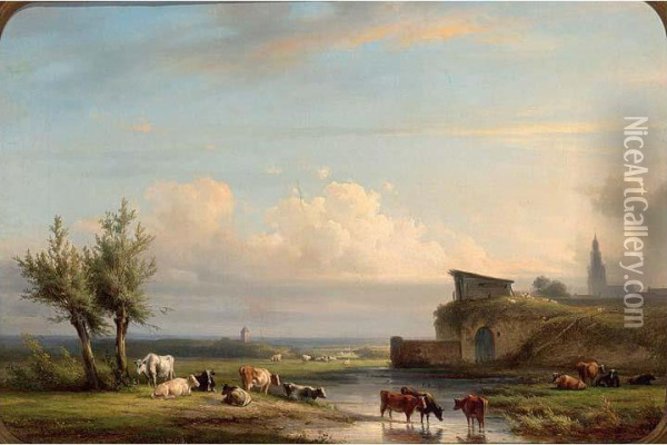Cattle Watering In An Extensive River Landscape Oil Painting - Jan Jacob Fels