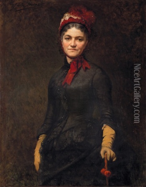Ritratto Di Signora Con Cappellino Di Velluto Rosso Oil Painting - Jules Charles Aviat