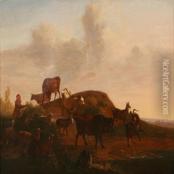 Shepherd With Cattle, Goats And Sheep On Thecountryside Oil Painting - Christian David Gebauer