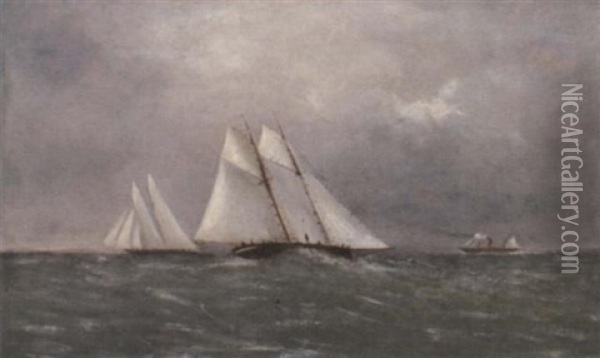 Racing Schooners In Hot Pursuit In The Channel Oil Painting - Arthur Wellington Fowles