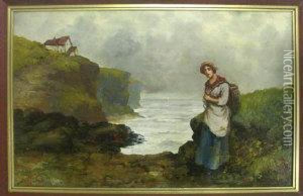 A Fishergirl Near A Cliff Top Cottage Oil Painting - James Mccolvin
