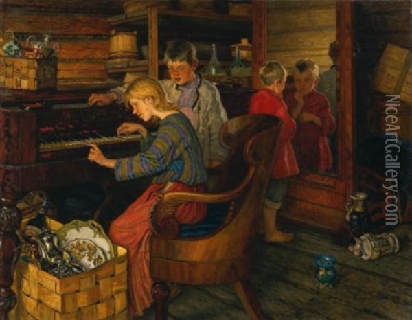 Children By The Piano Oil Painting - Nikolai Petrovich Bogdanov-Bel'sky