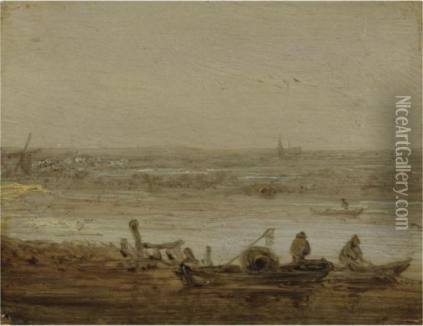 A River Landscape With Fishermen
 In Boats Hauling In Their Nets, A View Of A Church In The Far Distance Oil Painting - Jan van Goyen