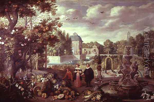 Garden Scene with Fountain Oil Painting - Jan van Kessel