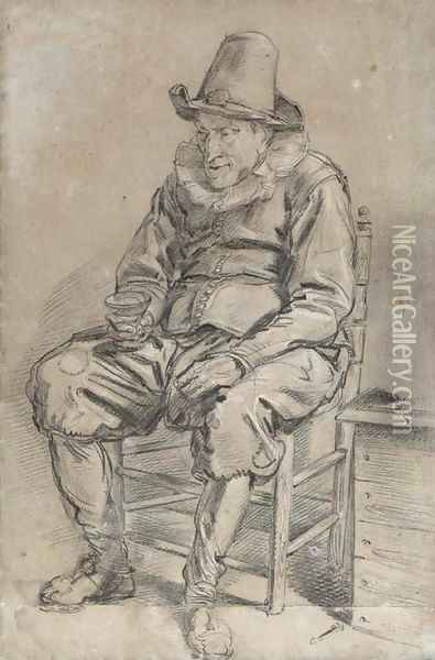 A seated man wearing a hat holding a roemer Oil Painting - Haarlem School