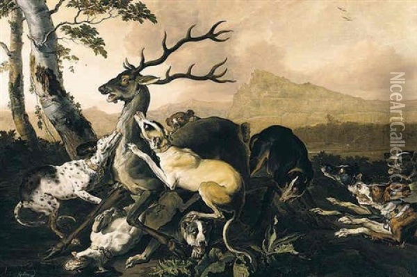 Hounds Attacking A Stag Oil Painting - Abraham Danielsz Hondius