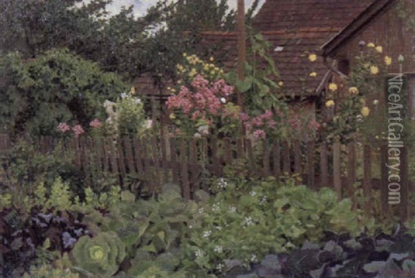 Sommerlicher Bauerngarten Mit Gemusebeeten Und Blumenstauden Oil Painting - Karl (Carl) Zopf