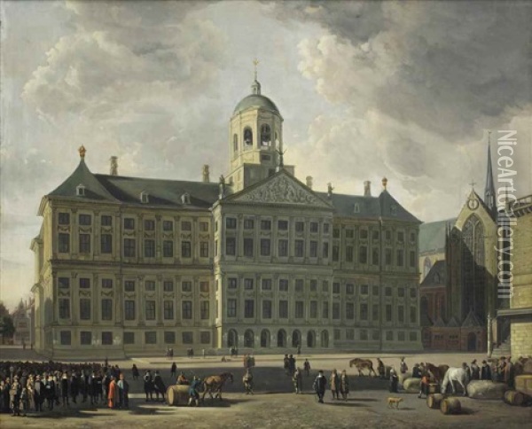 A View Of The Dam With The New Town Hall, The Nieuwe Kerk And The Waag, Amsterdam Oil Painting - Gerrit Adriaensz Berckheyde