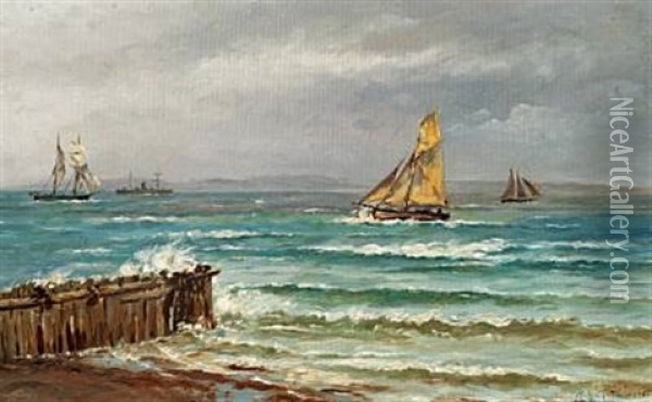 Seascape With Boats On A Windy Day Oil Painting - Holger Henrik Herholdt Drachmann