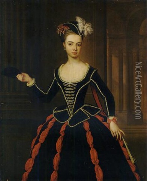 Portrait Of The Hon. Mrs. William Townshend In A Black And Red Masquerade Dress, Holding A Mask In Her Right Hand, A Classical Arcade Beyond Oil Painting - Thomas Gibson