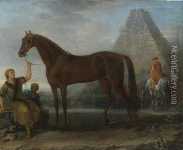 A Dark Chestnut Arabian Mare, 
Given By King Louix Xiv To Lord Petreheld By A Groom In A Landscape Oil Painting - John Wootton