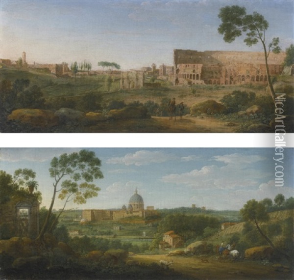 Rome, A View Of The Colosseum From The Top Of The Caelian Hill; Rome, A View Of Saint Peter's From The Top Of The Monte Mario Oil Painting - Hendrick Frans van Lint