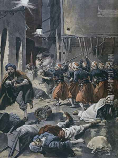 Violent antisemitic riots in Algiers illustration from Le Petit Journal February 1898 Oil Painting - Tofani, Oswaldo Meaulle, F.L. &