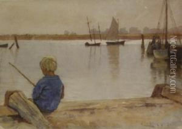 Boy Fishing 'st Ives Cornwall' Oil Painting - R. Ellis Wilkinson