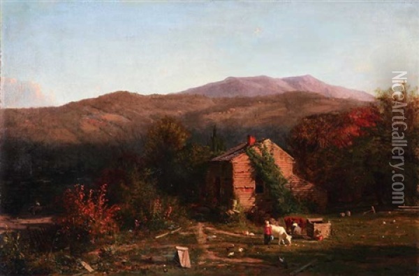 Homesteader's Cabin With Figures Milking Cows Oil Painting - George Lafayette Clough