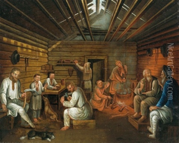Russische Bauern In Der Stube Oil Painting - Johann Jakob Mettenleiter