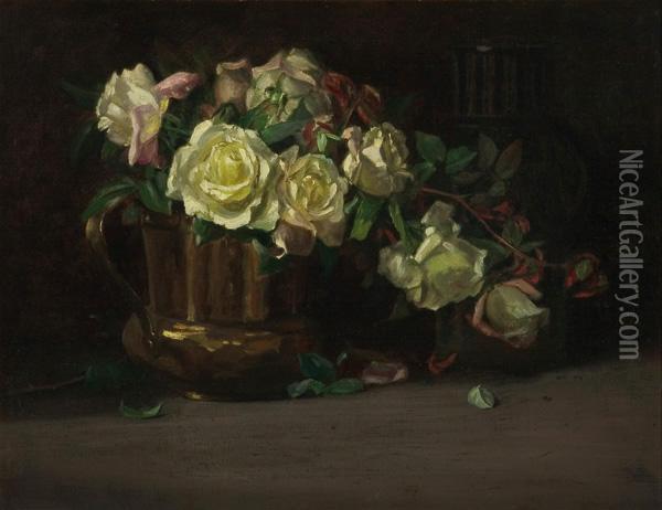 Roses In A Copper Pot Oil Painting - Frank Convers Mathewson