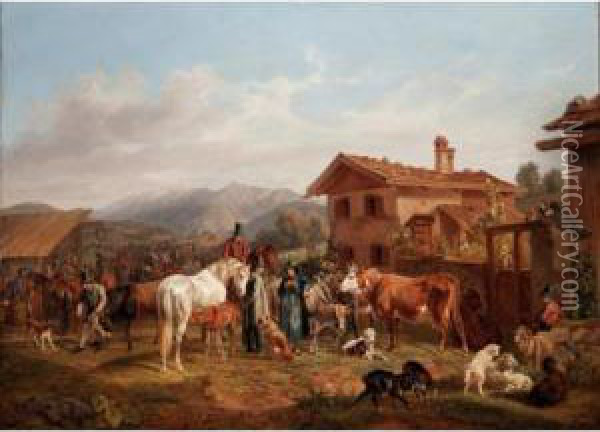 Ein Viehmarkt Im Bayrischen Gebirge (cow Market In The Bavarian Alps) Oil Painting - Benno Adam