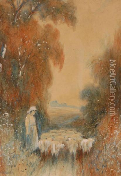 Shepherdand Sheep On A Country Lane Oil Painting - William Wood Deane