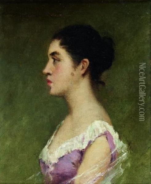 Portrait De Jeune Femme De Profil A La Robe Mauve Oil Painting - Paul Trouillebert