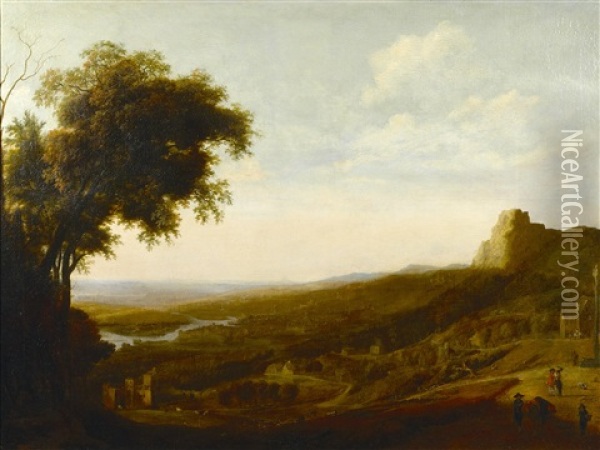 An Extensive Landscape With Travellers On A Track And A Village Beyond Oil Painting - Gillis Neyts