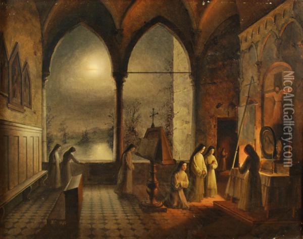 Interno Di Convento Con Novizie In Preghiera Oil Painting - Maria Carolina Di Borbone