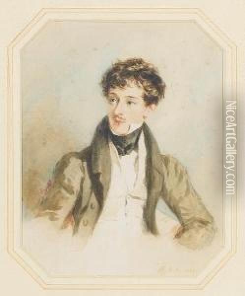 A Young Gentleman, Wearing Grey Coat, White Waistcoat And Black Stock. Oil Painting - Alfred-Edward Chalon