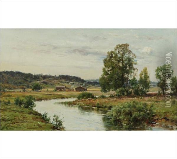 River Landscape Oil Painting - Hjalmar (Magnus) Munsterhjelm