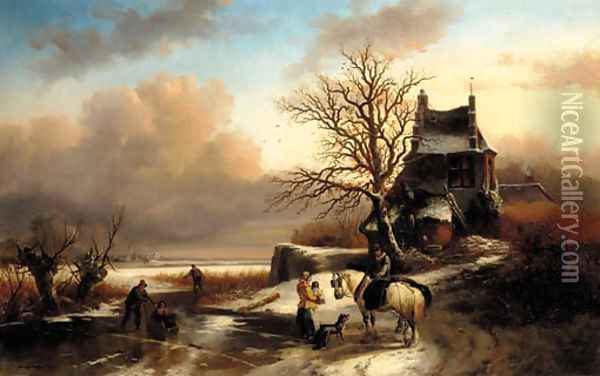Figures by a cottage in a Dutch winter landscape Oil Painting - Andreas Schelfhout