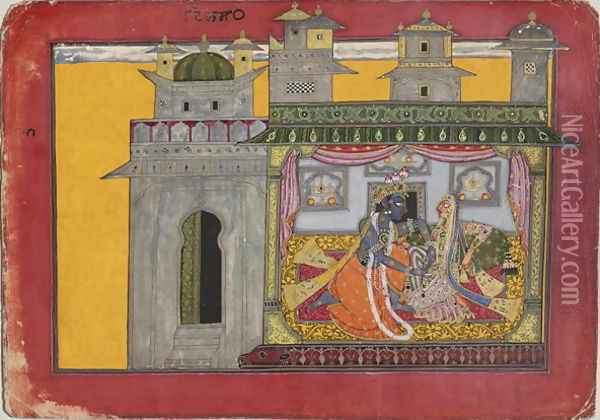 Krishna Loosens His Beloveds Belt, from Basohli, in the Punjab Hills, c.1660-70 Oil Painting - The Basohli Master