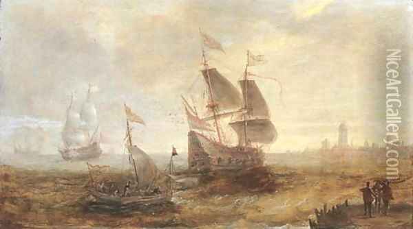 Men-o'-war and other shipping in a stiff breeze on the Schelde, a view of Antwerp beyond Oil Painting - Andries Van Eertvelt