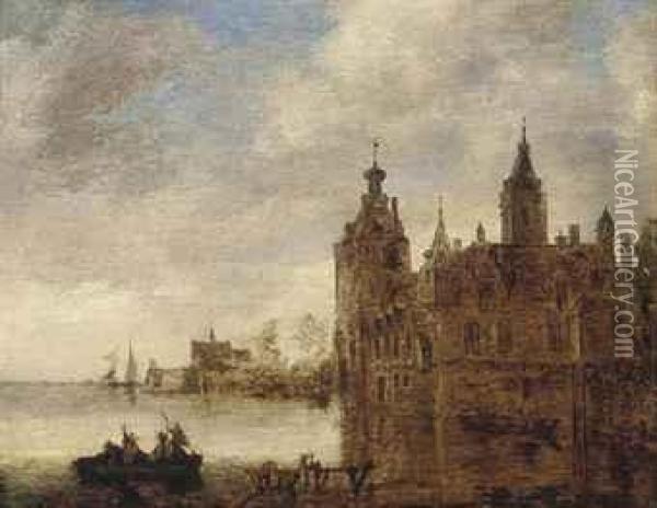 A River Landscape With Boats Before A Castle Oil Painting - Jan van Goyen