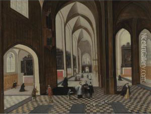 Interior Of A Gothic Cathedral With Figures And Dogs Oil Painting - Pieter Neefs The Elder, Frans The Younger Francken