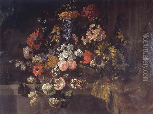 Corbeille De Fleurs Sur Un Entablement, Pres D'une Draperie Oil Painting - Jean-Baptiste Monnoyer