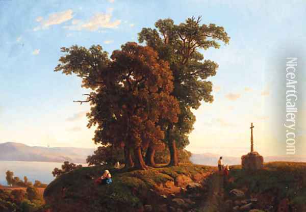 A sunlit Landscape with a stone Cross Oil Painting - Picart De Chez