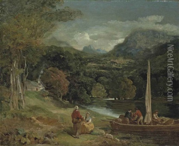 A Wooded River Landscape With Figures Unloading Barrels From A Small Ferry Boat, A Cottage And Mountains Beyond Oil Painting - Francis Wheatley