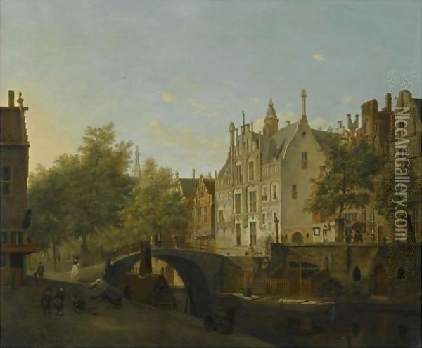 Delft, A View Of The Oude Delft And The Gemeenlandshuis Oil Painting - Jan Van Der Heyden