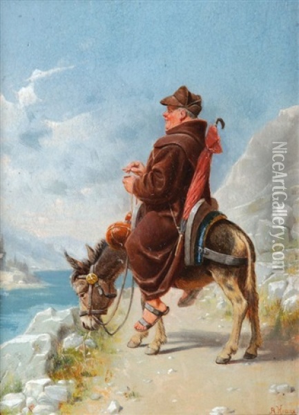 Auf Einem Esel Reitender Monch Oil Painting - August Kraus