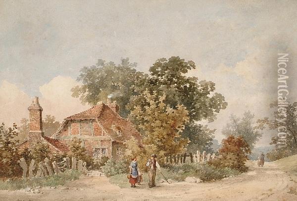 Figures On A Rural Lane Oil Painting - Albert Edward Bowers