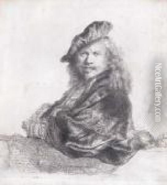 Self-portrait Leaning On A Stone Still Oil Painting - Rembrandt Van Rijn