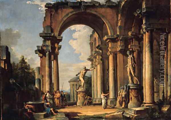 A capriccio of a ruined loggia with figures conversing by the Borghese Gladiator and the Apollo Belvedere, the Basilica of Maxentius Oil Painting - Giovanni Paolo Panini
